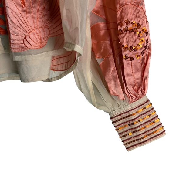 Karen Millen Organdie Applique Buttoned Sheer Long Sleeve Sequined Blouse 4 - Picture 7 of 12